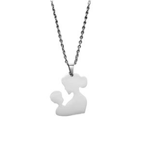 Stainless Steel Silver Tone Mother and Child Cut Metal Pendant Necklace